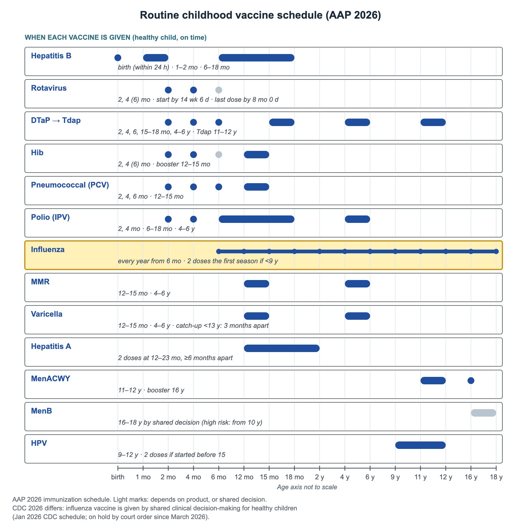 Decision tree: Routine childhood vaccine schedule (AAP 2026) — schedule graph